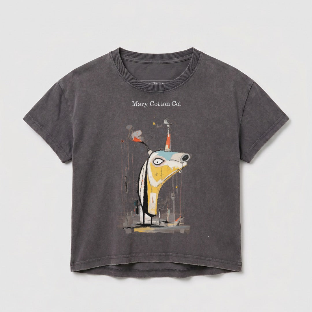 Grey t-shirt with quirky abstract character graphic and "Mary Cotton Co." text.