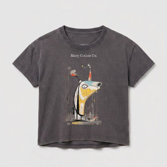 Grey t-shirt with quirky abstract character graphic and "Mary Cotton Co." text.