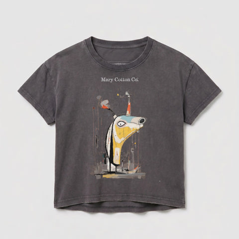 Grey t-shirt with quirky abstract character graphic and "Mary Cotton Co." text.