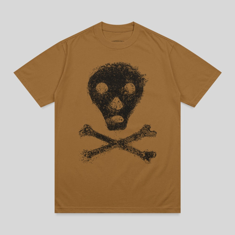 Brown t-shirt with a distressed black skull and crossbones graphic.