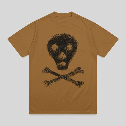 Brown t-shirt with a distressed black skull and crossbones graphic.