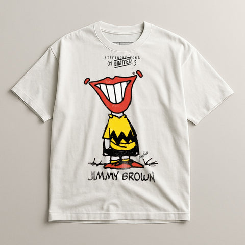 White t-shirt with cartoon character wearing yellow shirt and red-lipped smile, "JIMMY BROWN" text.