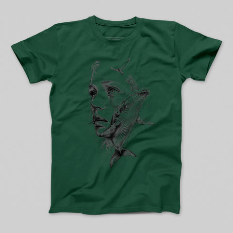 Artistic Whale and Human Face Green T-shirt