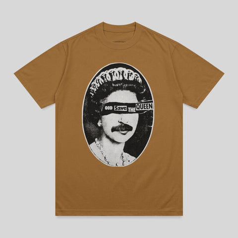 T-shirt with Queen Elizabeth II portrait, band across her eyes, text "GOD SAVE THE QUEEN".
