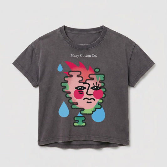 Dark grey t-shirt with abstract crying face graphic.