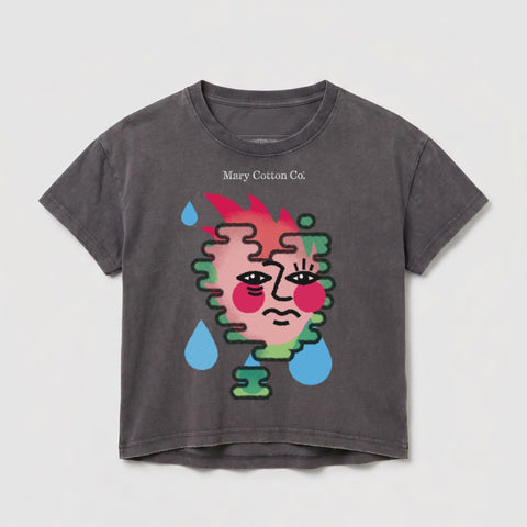 Dark grey t-shirt with abstract crying face graphic.