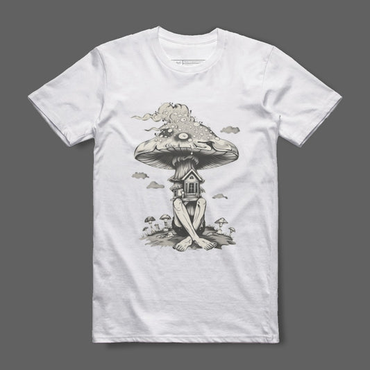 Surreal House Under Mushroom Cloud White T-Shirt