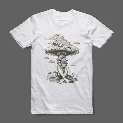 Surreal House Under Mushroom Cloud White T-Shirt