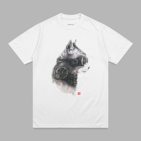 White t-shirt with steampunk cat graphic, gears, and goggles.