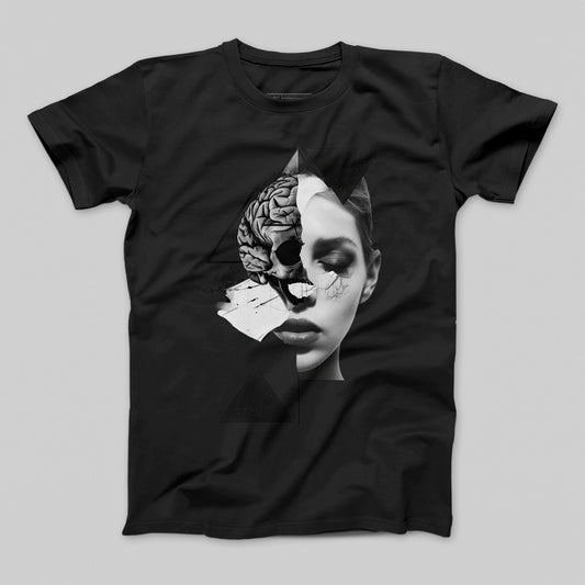 Surreal Half Skull And Face Graphic Tee Shirt