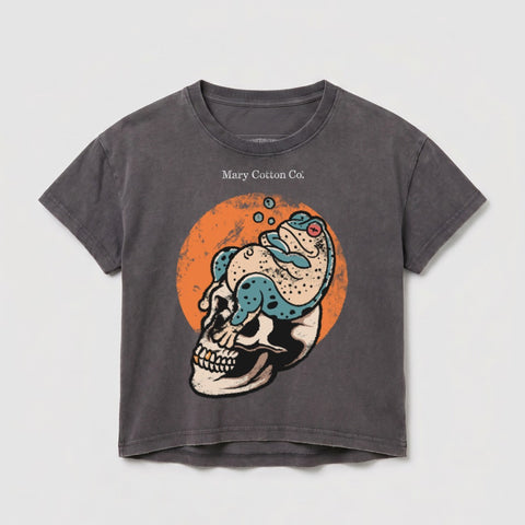 Dark gray t-shirt with a skull and frog graphic and "Mary Cotton Co." text.