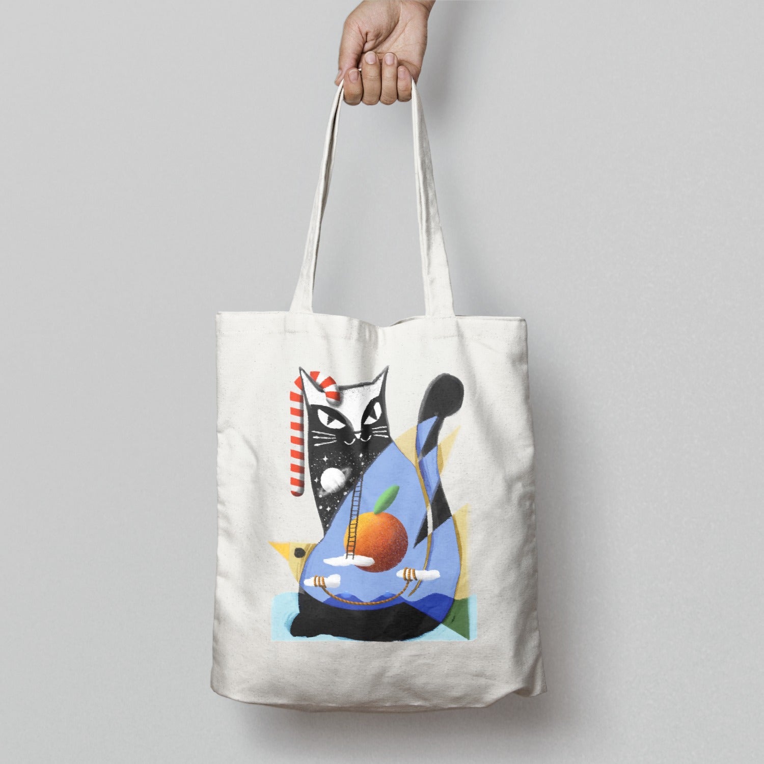 Artistic Cat Design Tote Bag with Colorful Geometric Shapes