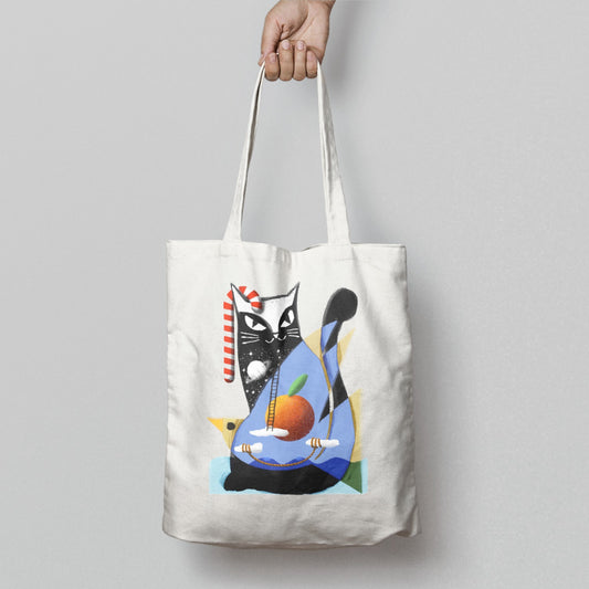 Artistic Cat Design Tote Bag with Colorful Geometric Shapes