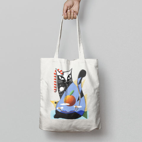 Artistic Cat Design Tote Bag with Colorful Geometric Shapes