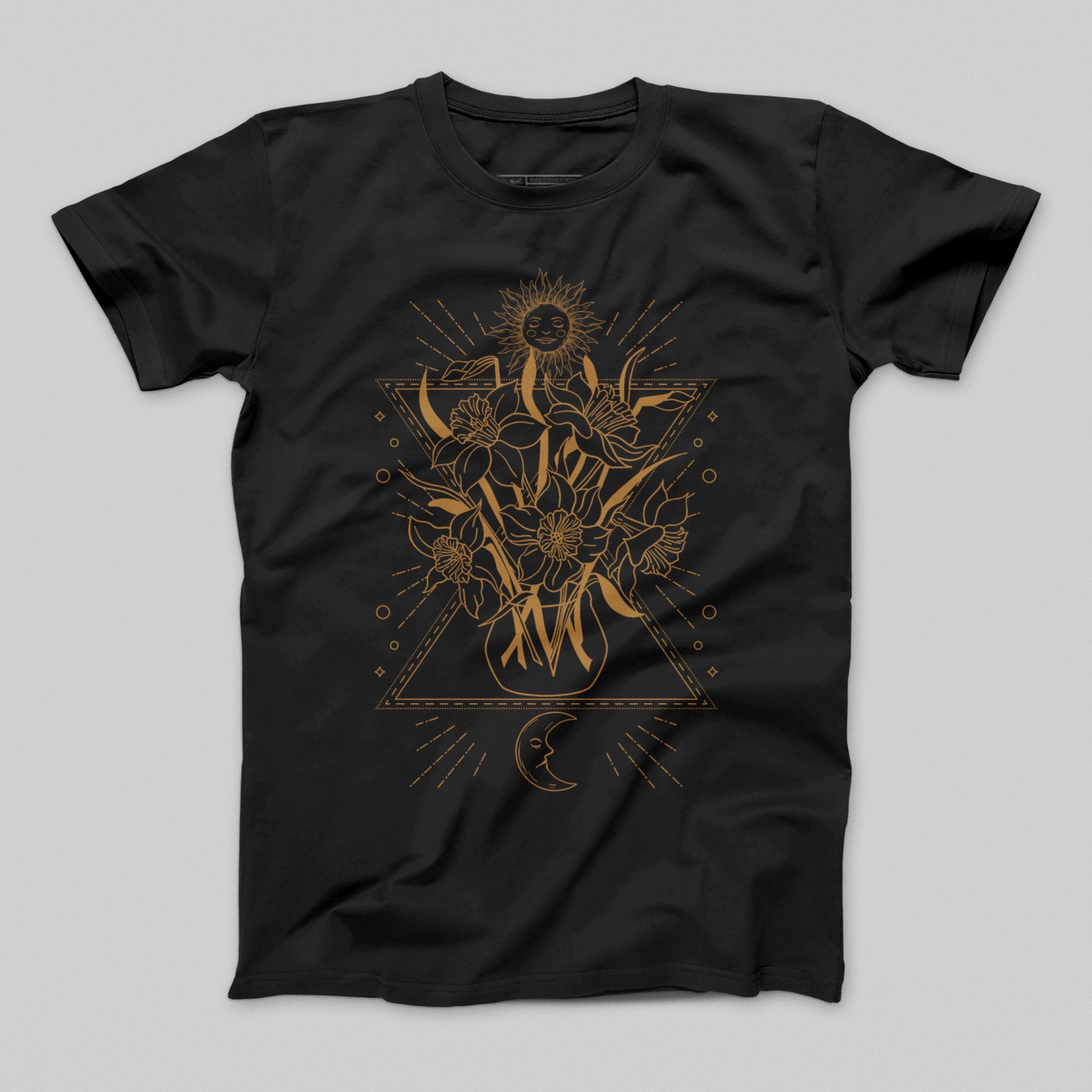 Black T-Shirt with Golden Geometric Floral Moon Design