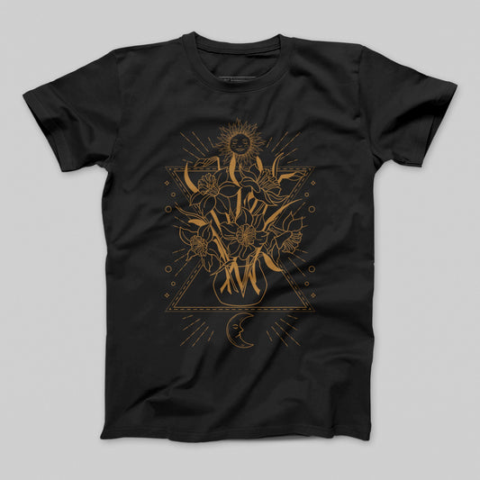 Black T-Shirt with Golden Geometric Floral Moon Design