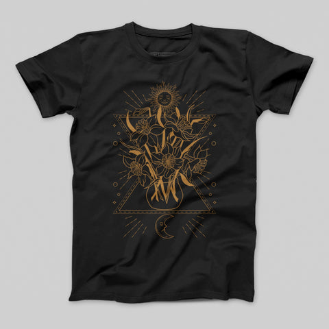 Black T-Shirt with Golden Geometric Floral Moon Design