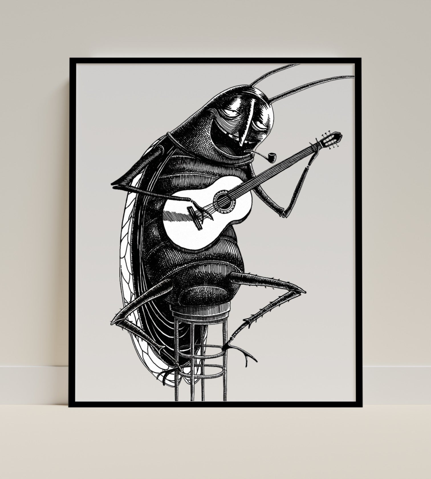 Quirky Guitar Playing Cockroach Illustration Print