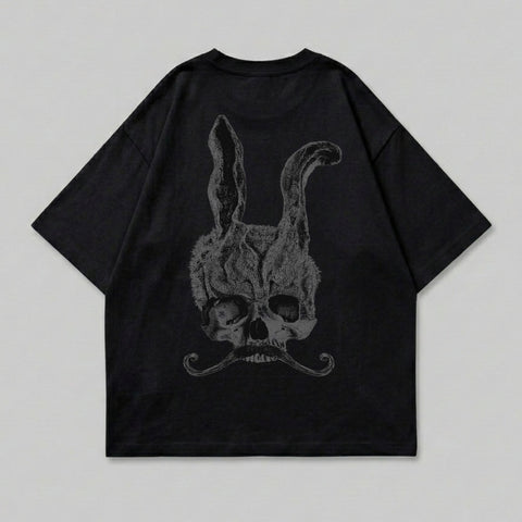 Black t-shirt with a skull, bunny ears, and mustache graphic.