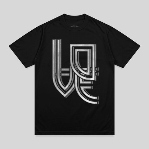 Black t-shirt with a silver metallic abstract graphic design on the chest.