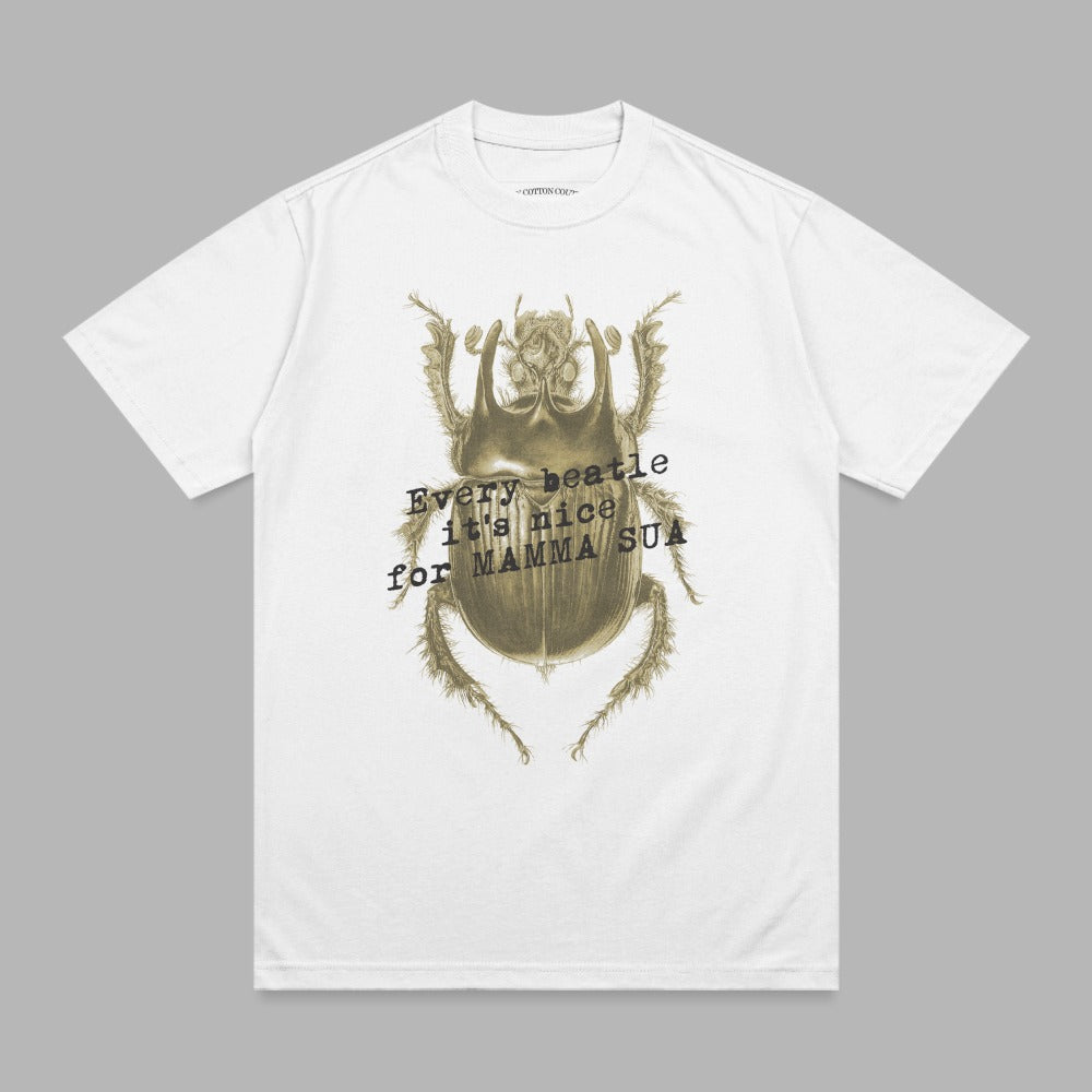 White t-shirt with a sepia beetle graphic and text.