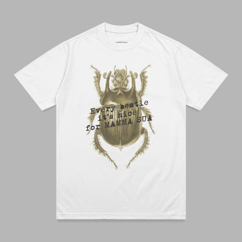 White t-shirt with a sepia beetle graphic and text.
