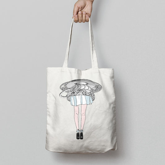 Whimsical Girl Illustration Design on White Tote Bag