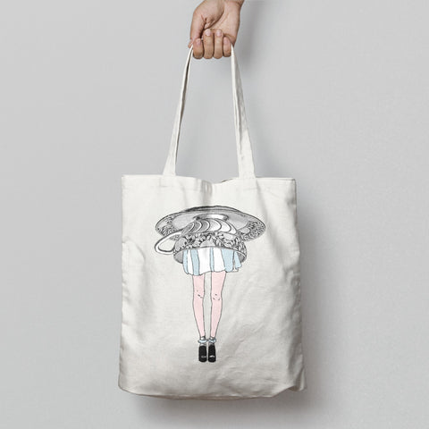 Whimsical Girl Illustration Design on White Tote Bag