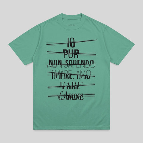 Teal t-shirt with bold black text "10 PUR NON SAPENDO AMARE AMO L'Amore".