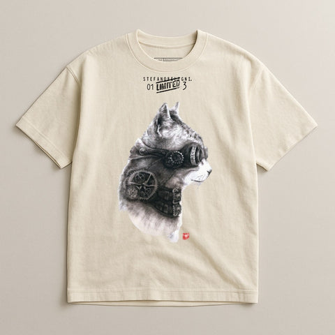 Steampunk cat graphic with "Stefano Beghi 01 Limited 3" text on a cream t-shirt.