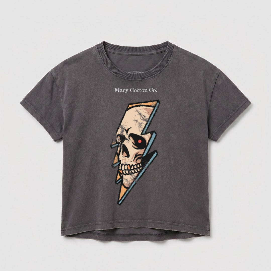 Dark gray cropped t-shirt with a skull and lightning bolt graphic and "Mary Cotton Co." text.