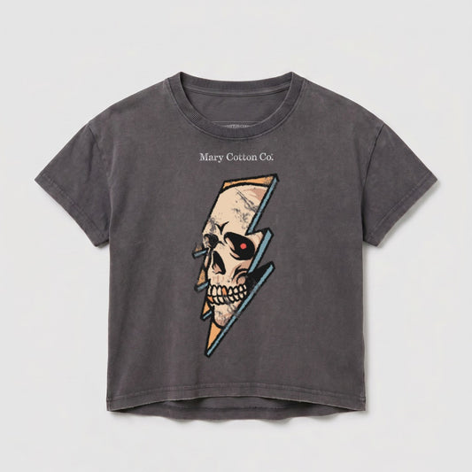 Dark gray cropped t-shirt with a skull and lightning bolt graphic and "Mary Cotton Co." text.