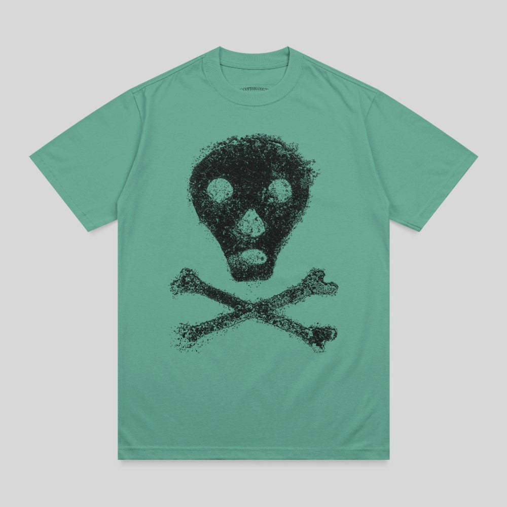 Teal t-shirt with black skull and crossbones graphic.