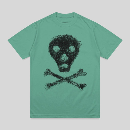 Teal t-shirt with black skull and crossbones graphic.