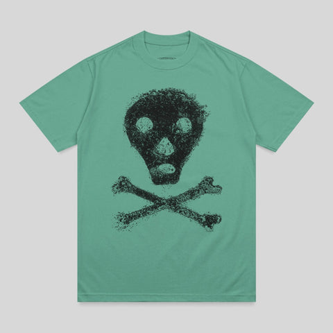 Teal t-shirt with black skull and crossbones graphic.
