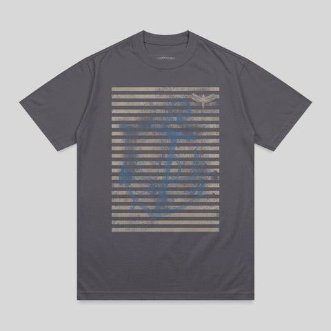 Dark grey t-shirt with horizontal stripes and a blue abstract graphic.