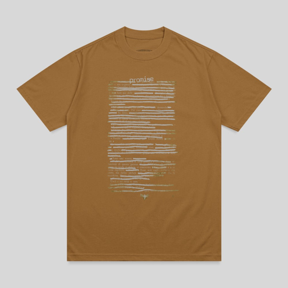 Brown t-shirt with textured text print reading "promise" and Italian phrases.