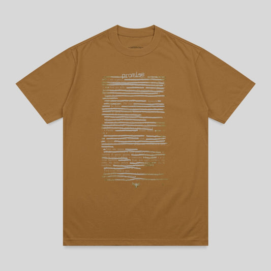 Brown t-shirt with textured text print reading "promise" and Italian phrases.