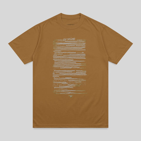 Brown t-shirt with textured text print reading "promise" and Italian phrases.