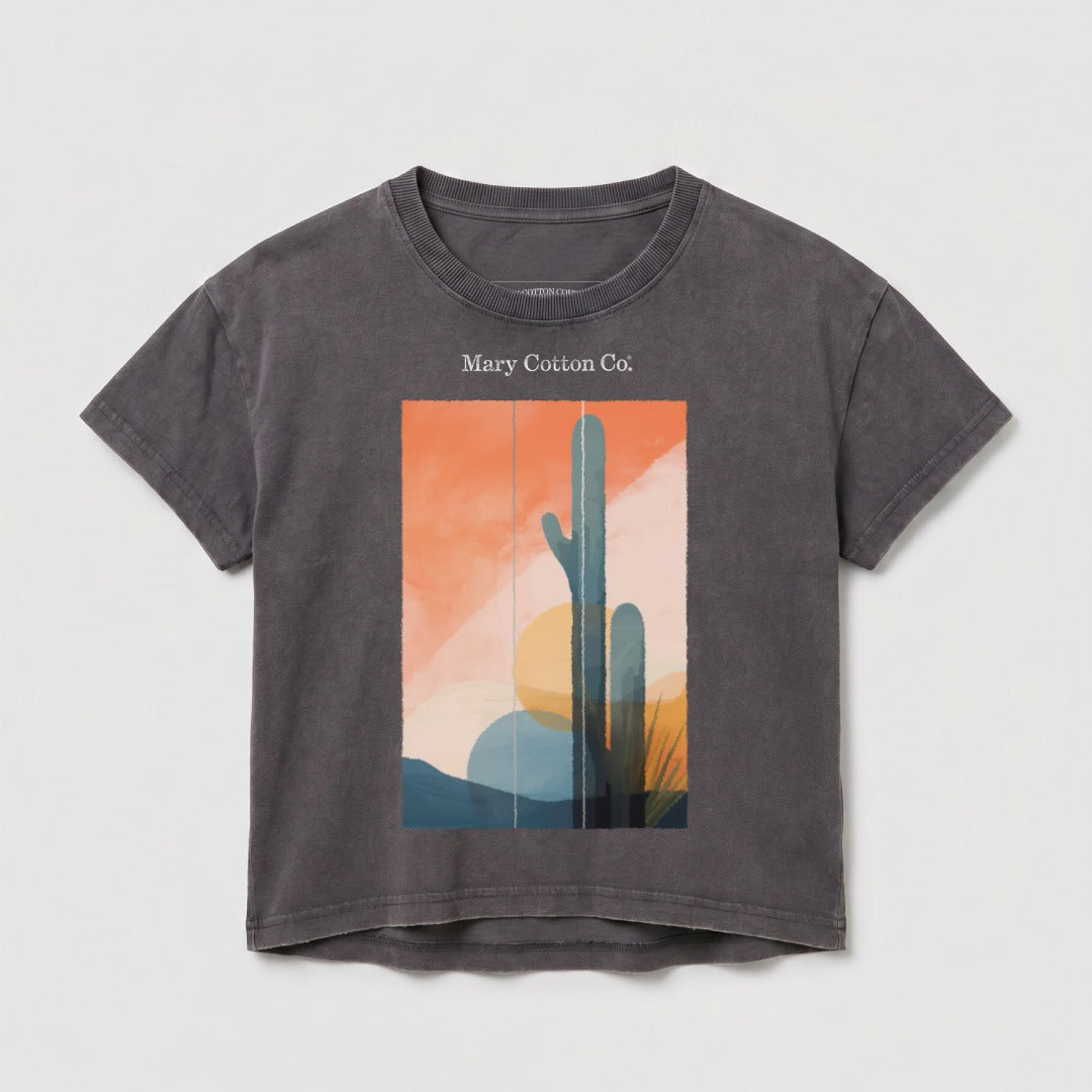 Gray cropped t-shirt with abstract desert landscape and cactus print.