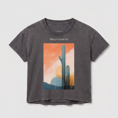 Gray cropped t-shirt with abstract desert landscape and cactus print.