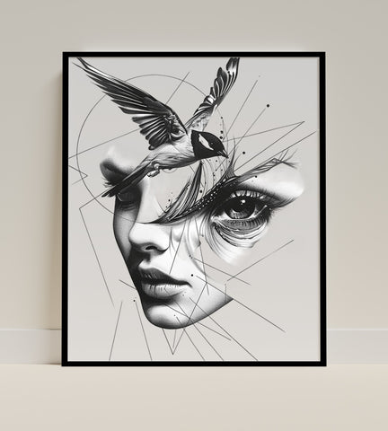Abstract Face with Bird Art Stylish Wall Decor Print