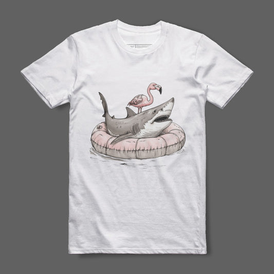 Flamingo and Shark Inflatable Pool Party T-shirt