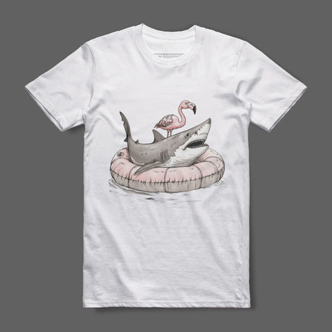 Flamingo and Shark Inflatable Pool Party T-shirt