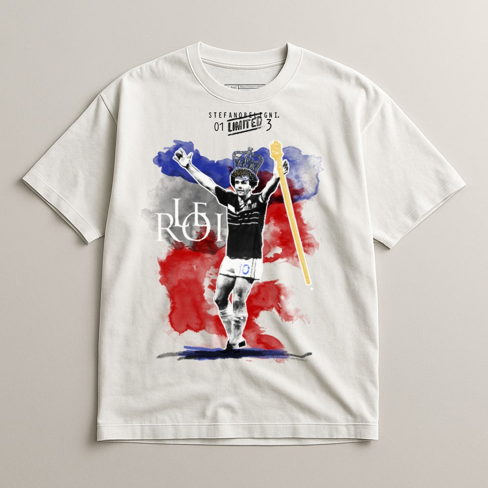 T-shirt graphic of a man in a crown and robes holding a scepter.