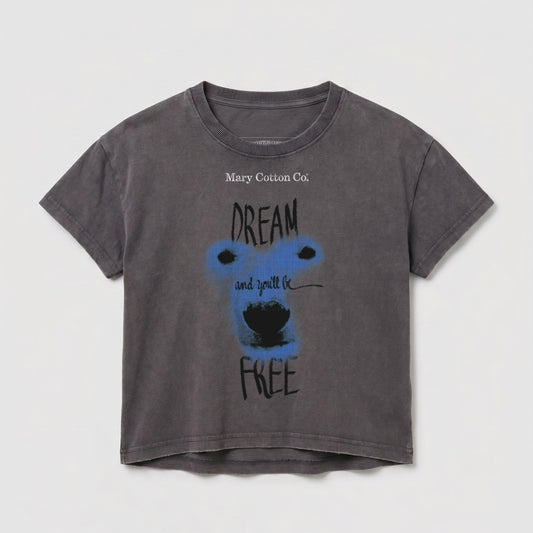 Dark grey t-shirt with blue text "Dream and you'll be FREE".