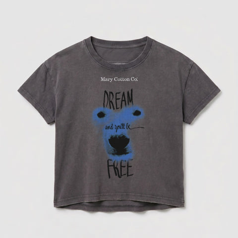 Dark grey t-shirt with blue text "Dream and you'll be FREE".