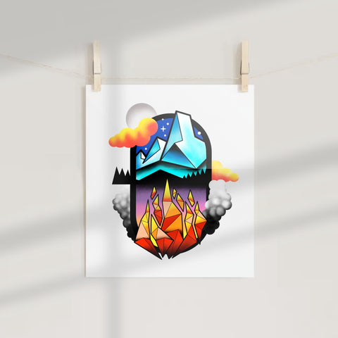 Vibrant Abstract Mountain and Fire Design Artwork