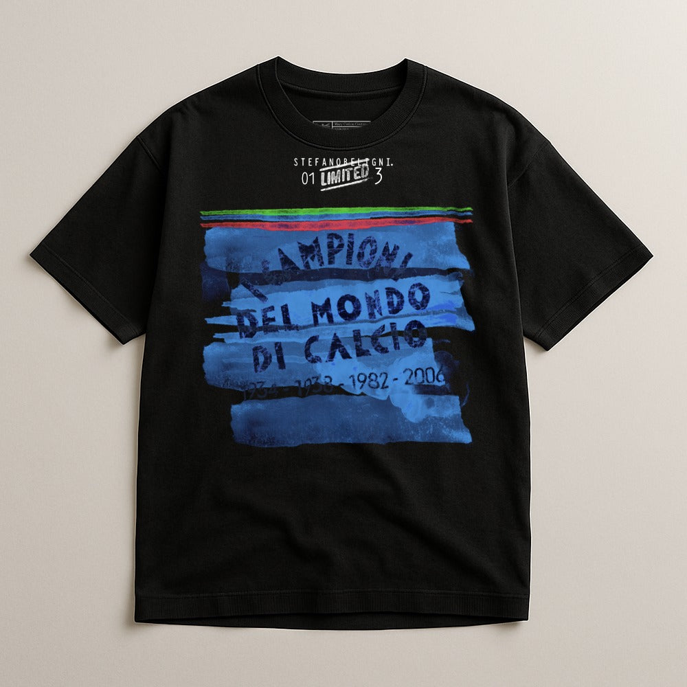 Black t-shirt with "Campioni del Mondo di Calcio 1934-1938-1982-2006" text.