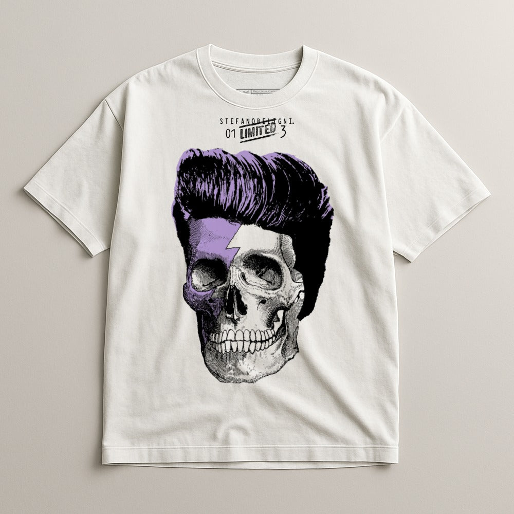 Stylish Skull Graphic White T-shirt with Purple Streak Design